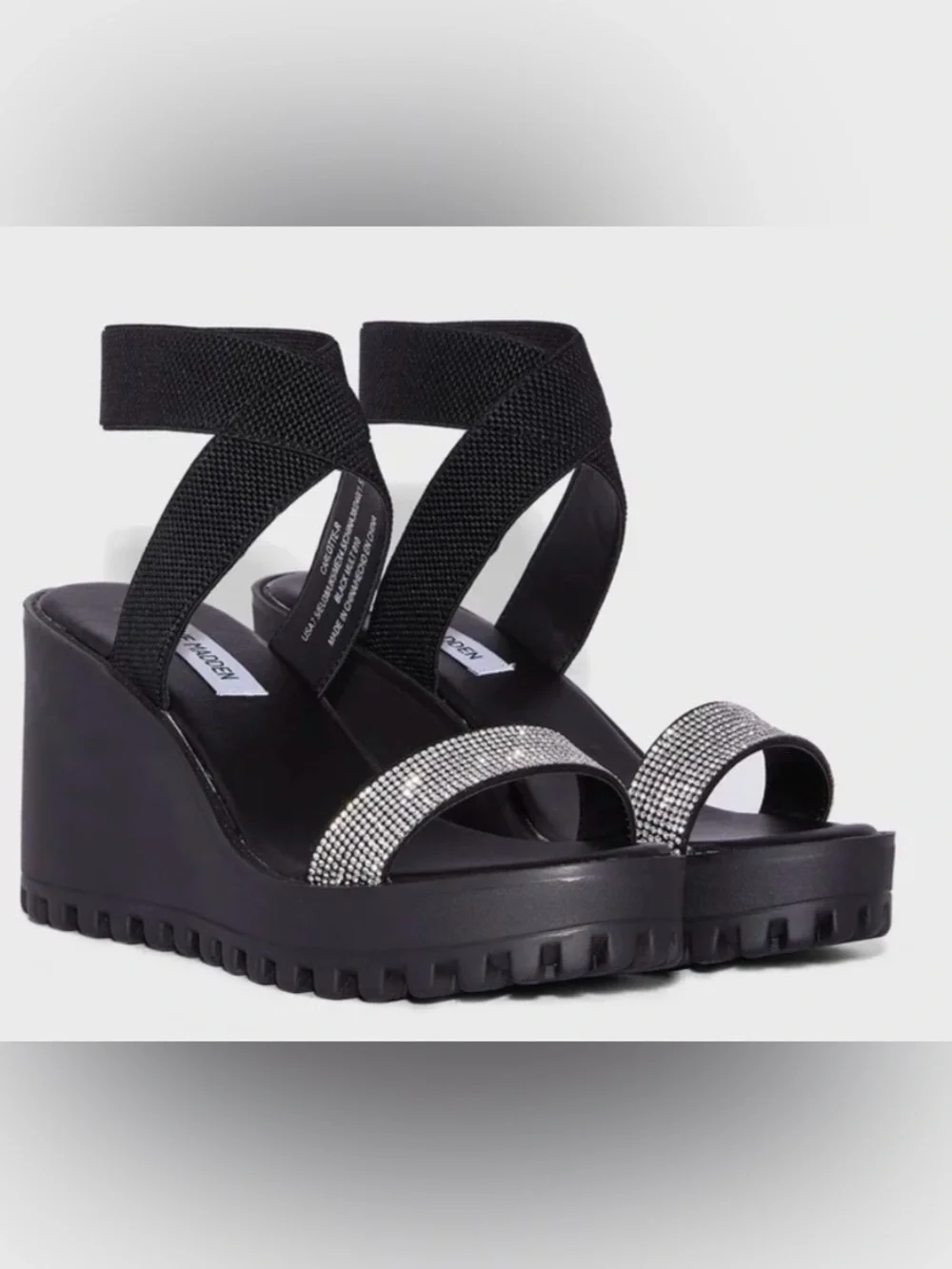 Black Wedge Sandals with Rhinestone Strap